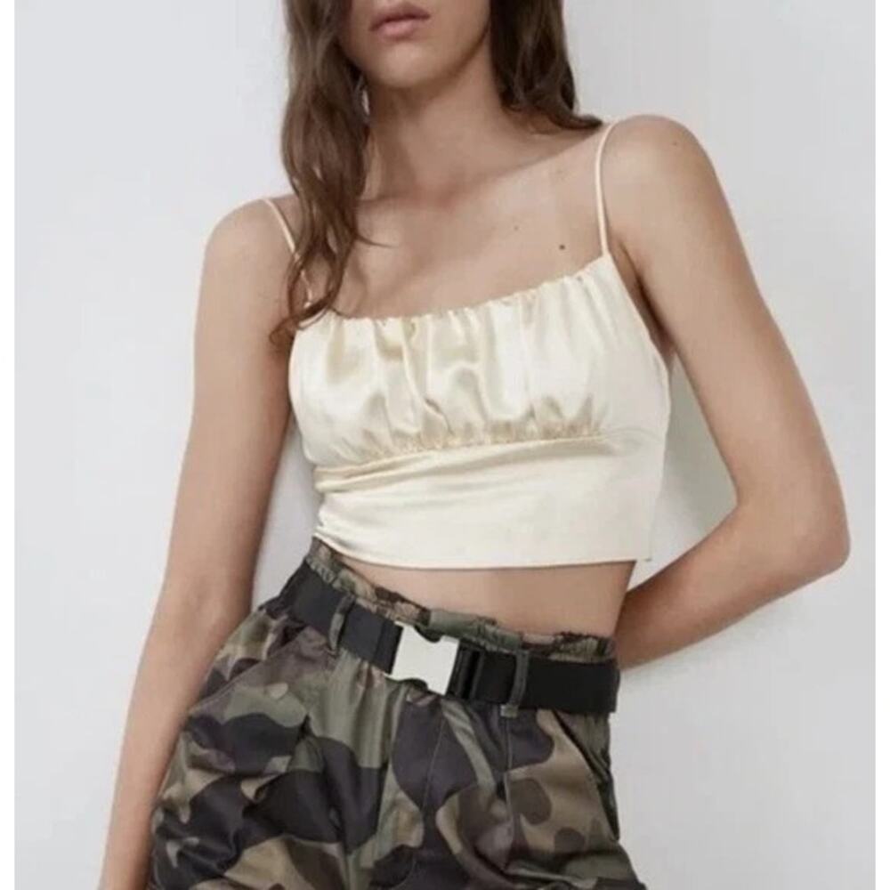 Zara Satin Effect Sleeveless Ruched Crop Top Spaghetti Straps XS Champagne #3744